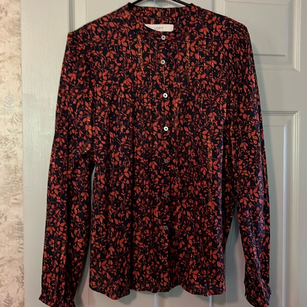 Loft smocked button front long sleeve light weight blouse